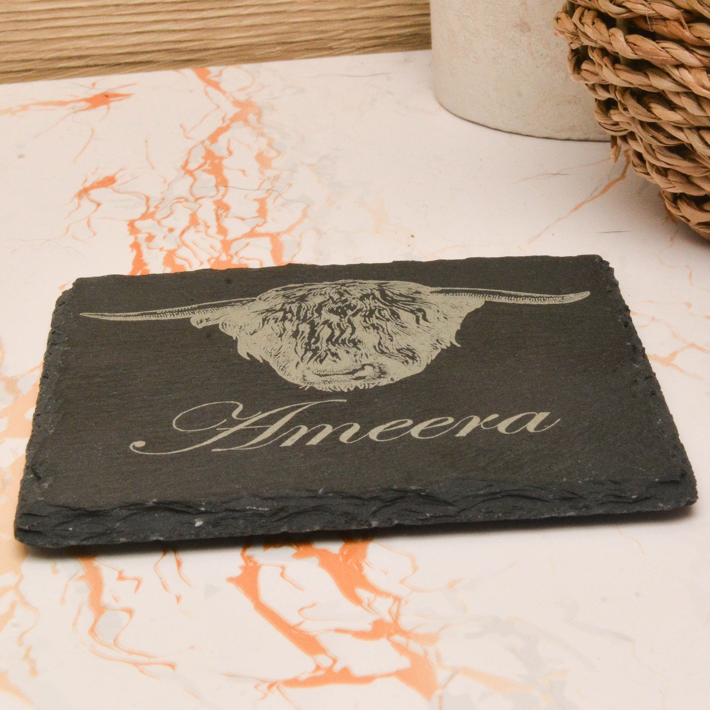 Personalised Highland Cow Slate Coaster – Custom Rustic Drink Mat, Scottish Farmhouse Decor, Unique Gift from the Highlands