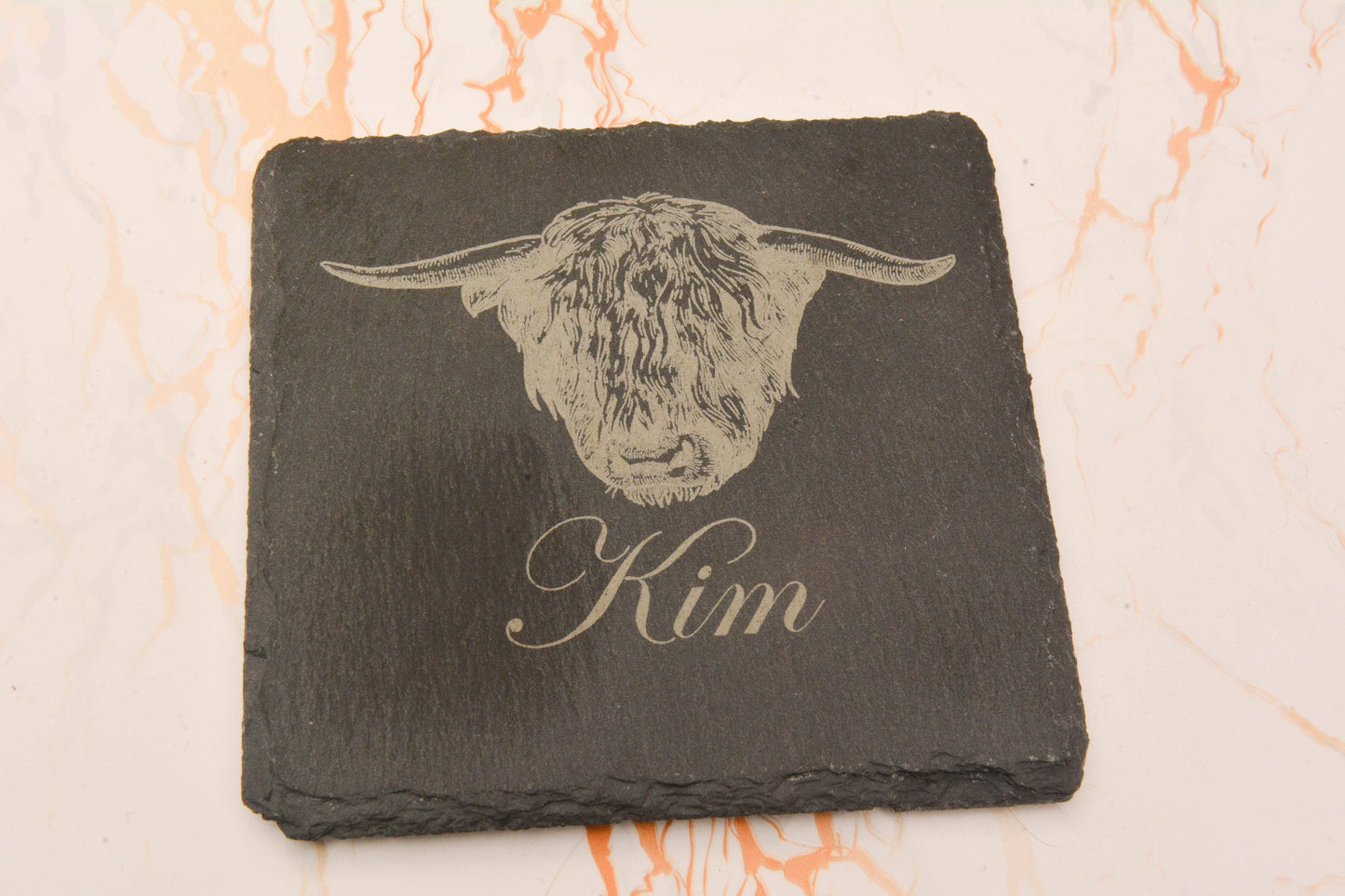 Personalised Highland Cow Slate Coaster – Custom Rustic Drink Mat, Scottish Farmhouse Decor, Unique Gift from the Highlands