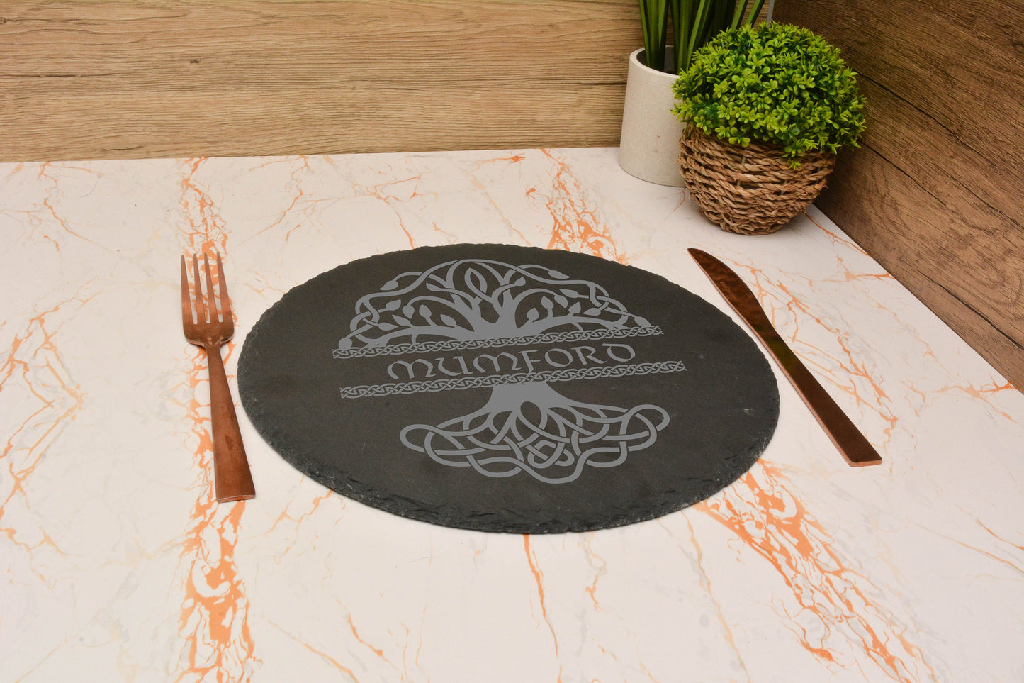 Personalised Slate Tree of life table placemat and coaster set. custom place setting. Customised Name coaster and placemat.