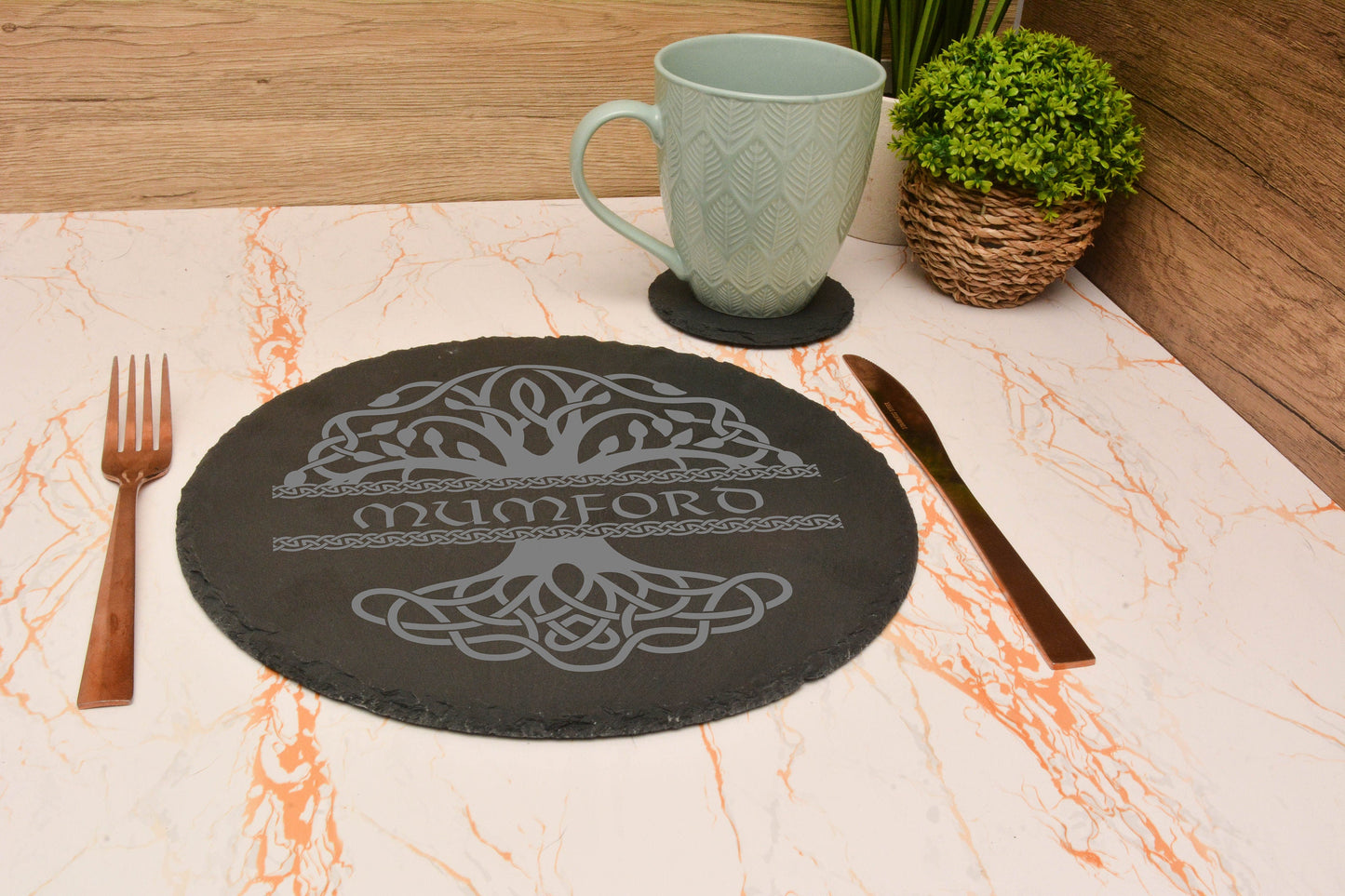 Personalised Slate Tree of life table placemat and coaster set. custom place setting. Customised Name coaster and placemat.