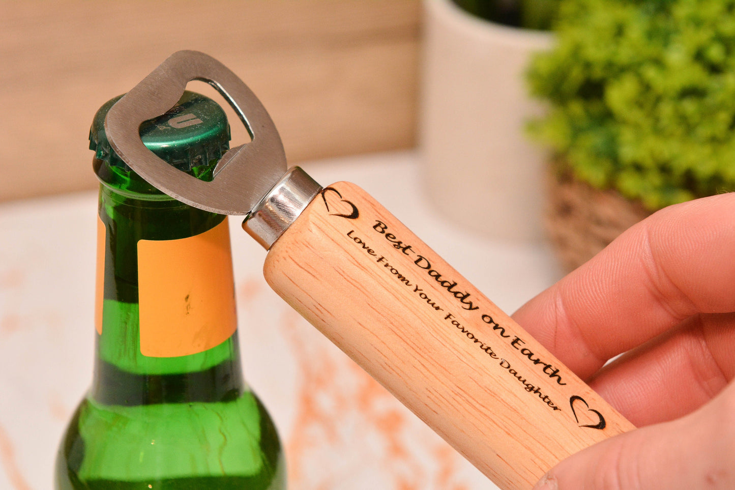 Personalised Father’s Day Wooden Bottle Opener – Laser Engraved Handheld Beer Opener, Small Custom Gift for Dad or Grandad