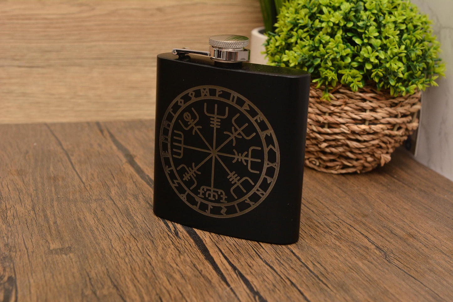 Norse Symbol Hip Flask – 6oz Black Stainless Steel Pocket Flask with Viking-Inspired Engravings