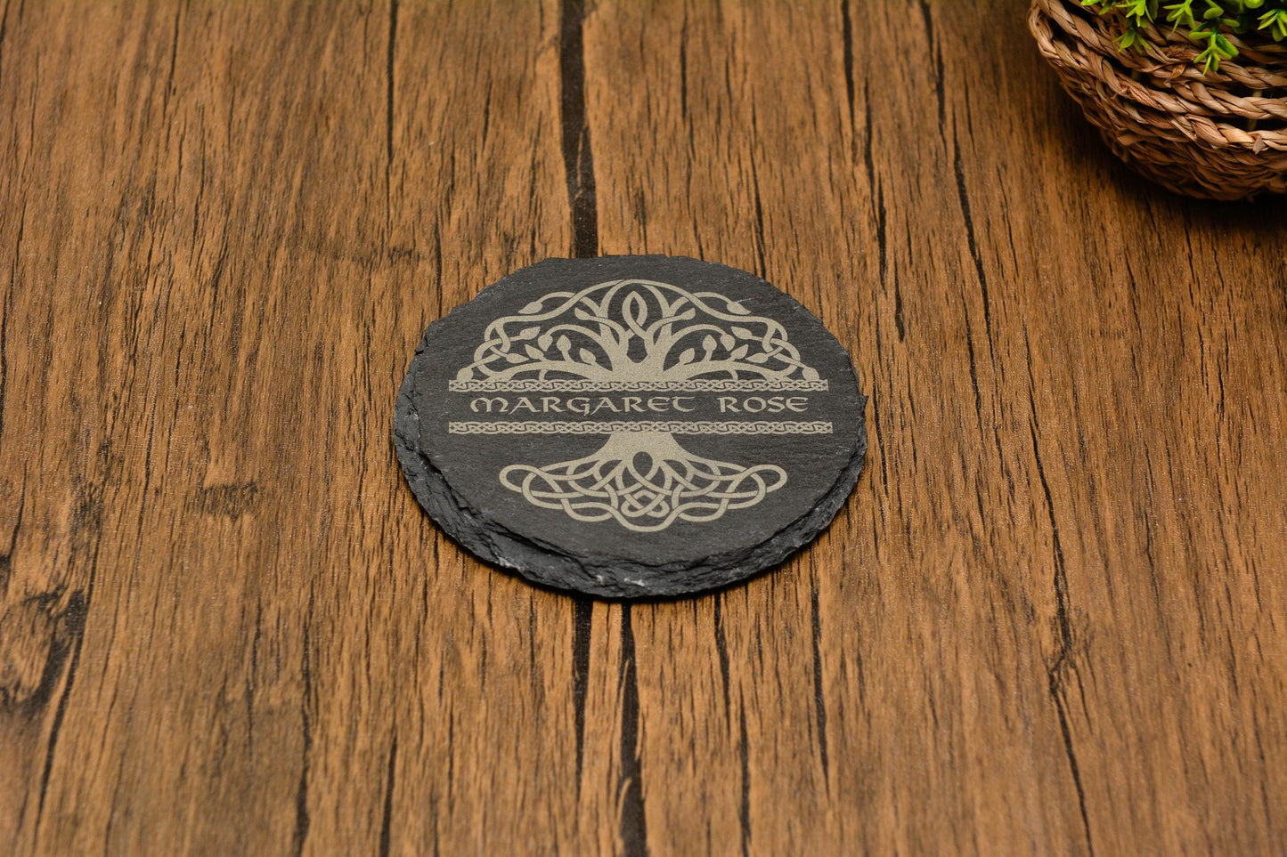 Personalised Tree of life / World Tree slate coaster perfect for viking gifts, pagan follower gift. Engraved Norse Yggdrasil custom name.