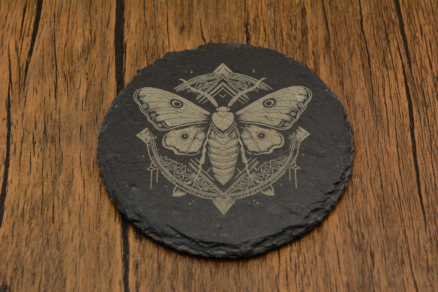 Mystical Moth Slate Coaster – Gothic Pagan Decor, Witchy Drink Mat in Square or Circle, Occult Nature-Inspired Stone Coaster