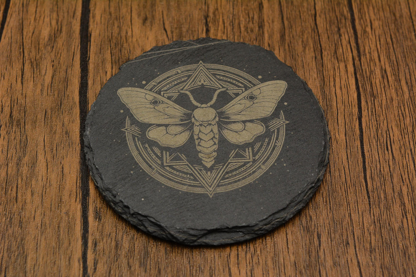 Mystical Moth Slate Coaster – Gothic Pagan Decor, Witchy Drink Mat in Square or Circle, Occult Nature-Inspired Stone Coaster
