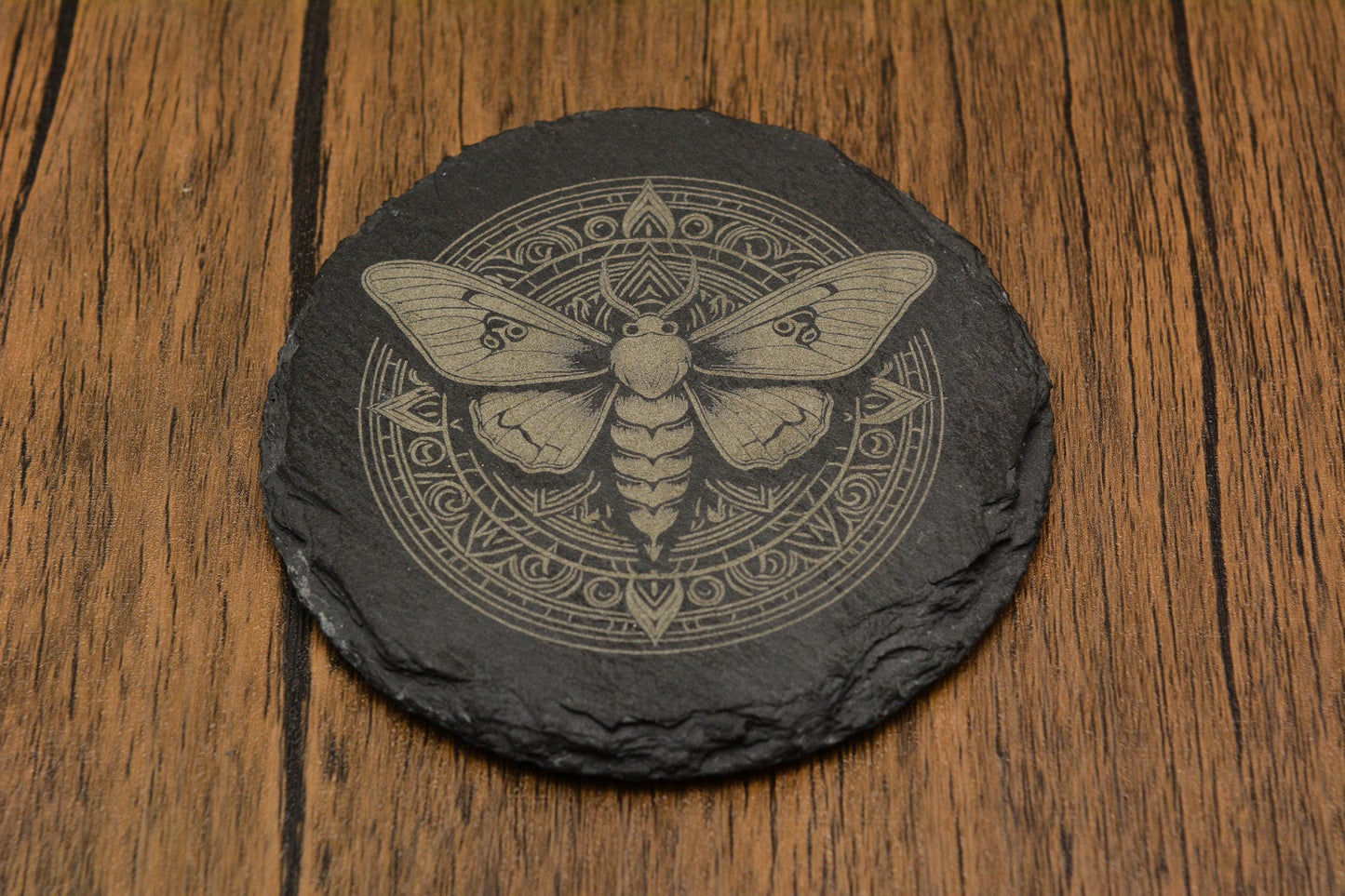 Mystical Moth Slate Coaster – Gothic Pagan Decor, Witchy Drink Mat in Square or Circle, Occult Nature-Inspired Stone Coaster