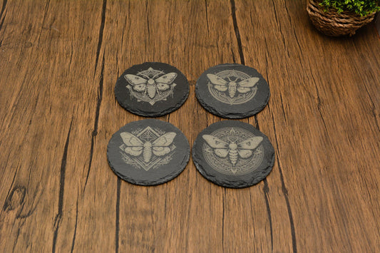 Mystical Moth Slate Coaster – Gothic Pagan Decor, Witchy Drink Mat in Square or Circle, Occult Nature-Inspired Stone Coaster