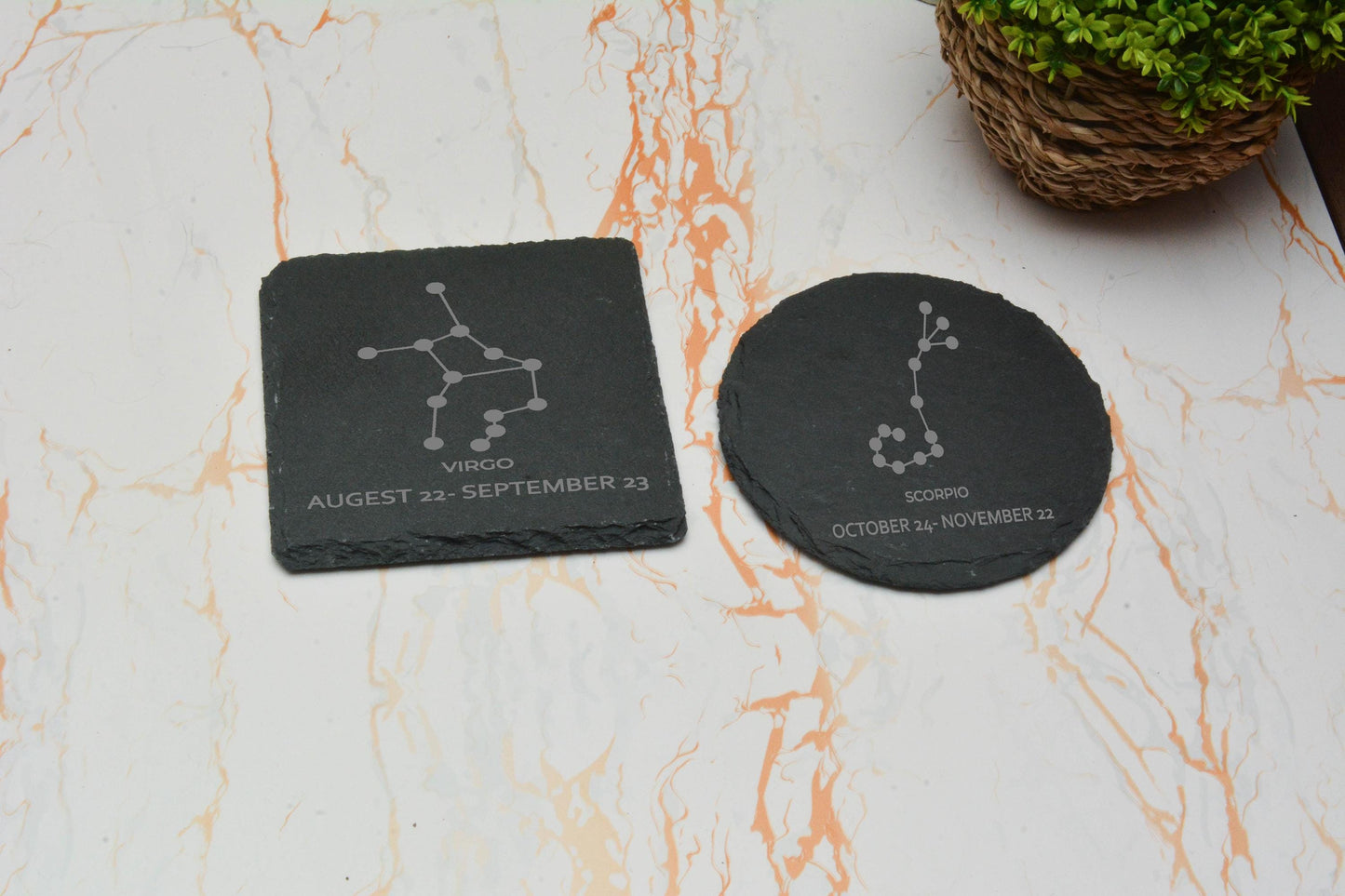 Celestial Zodiac Slate Coaster – Star Sign Engraved Astrology Gift – Mystical Horoscope Decor for Spiritual Souls