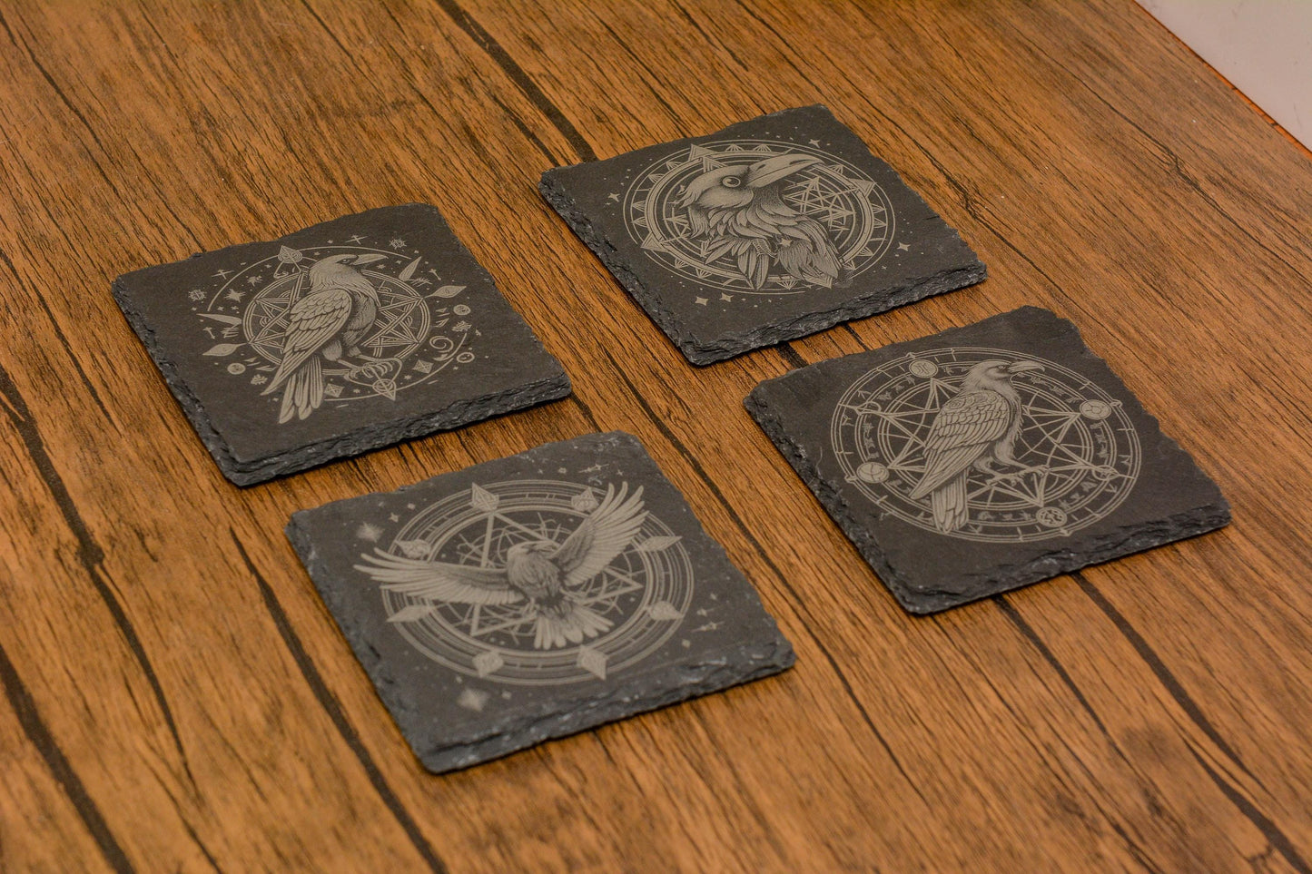 Mystical Raven Slate Coaster with Intricate Design, Witchy Natural Stone Drink Coaster in Circular or Square, Gothic, Occult, Pagan Decor