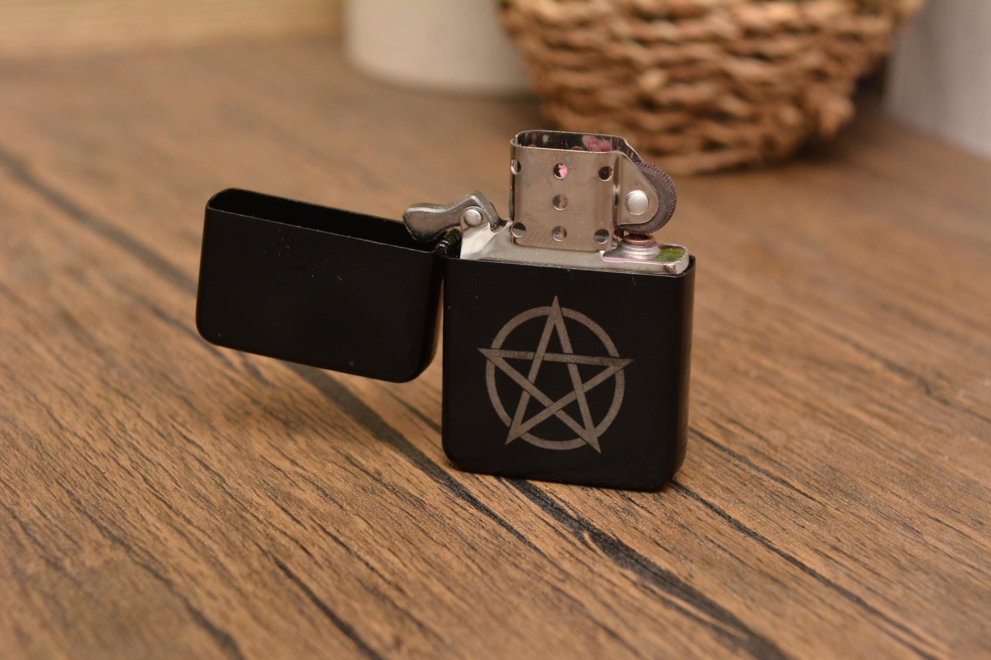 Gothic Witch Symbol Refillable Lighter – Engraved Black Metal Altar Tool, Wiccan Gift, Whimsical Pagan Decor, Whimsy Present for Her