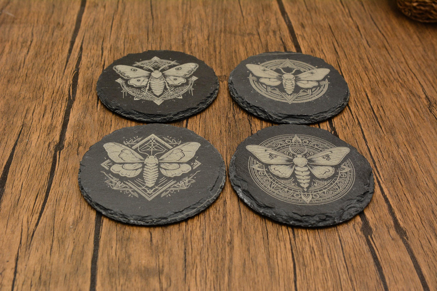 Mystical Moth Slate Coaster – Gothic Pagan Decor, Witchy Drink Mat in Square or Circle, Occult Nature-Inspired Stone Coaster