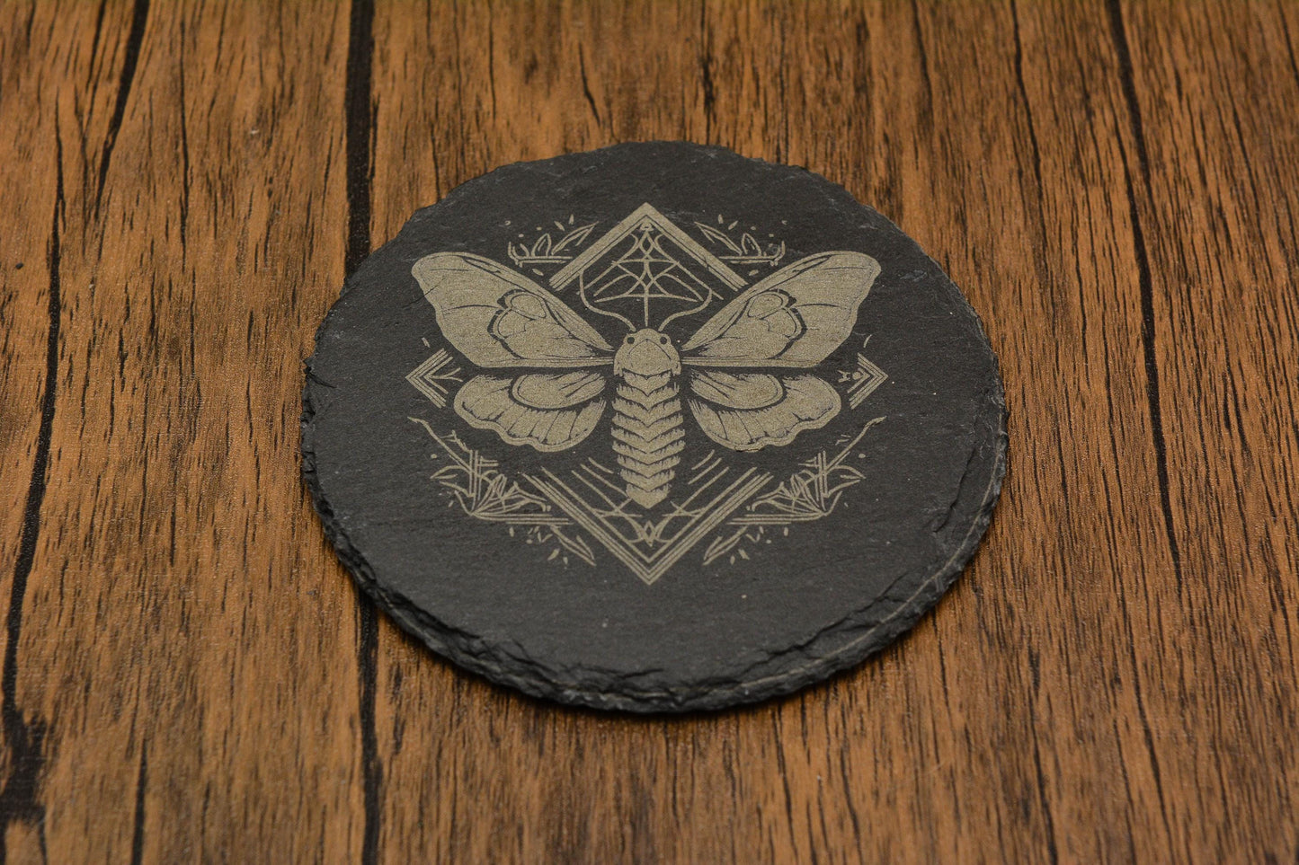 Mystical Moth Slate Coaster – Gothic Pagan Decor, Witchy Drink Mat in Square or Circle, Occult Nature-Inspired Stone Coaster