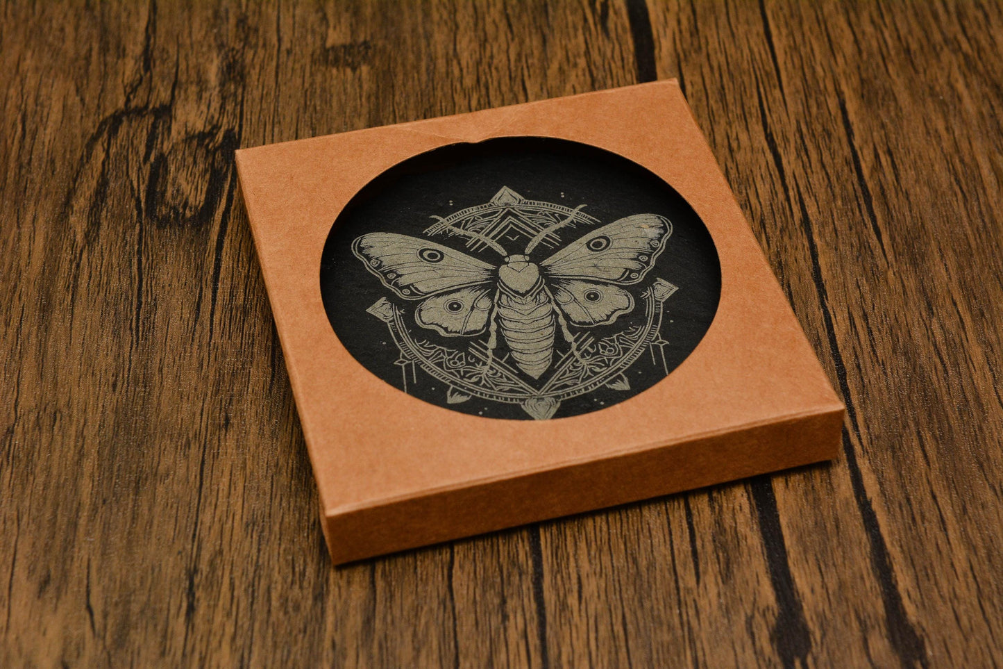 Mystical Moth Slate Coaster – Gothic Pagan Decor, Witchy Drink Mat in Square or Circle, Occult Nature-Inspired Stone Coaster