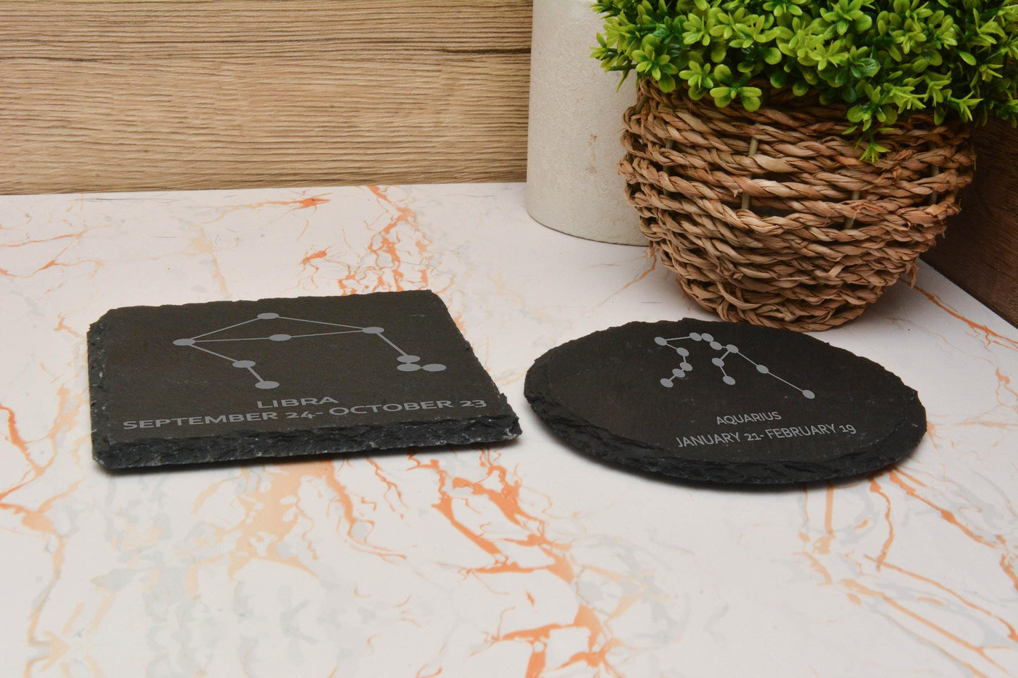 Celestial Zodiac Slate Coaster – Star Sign Engraved Astrology Gift – Mystical Horoscope Decor for Spiritual Souls