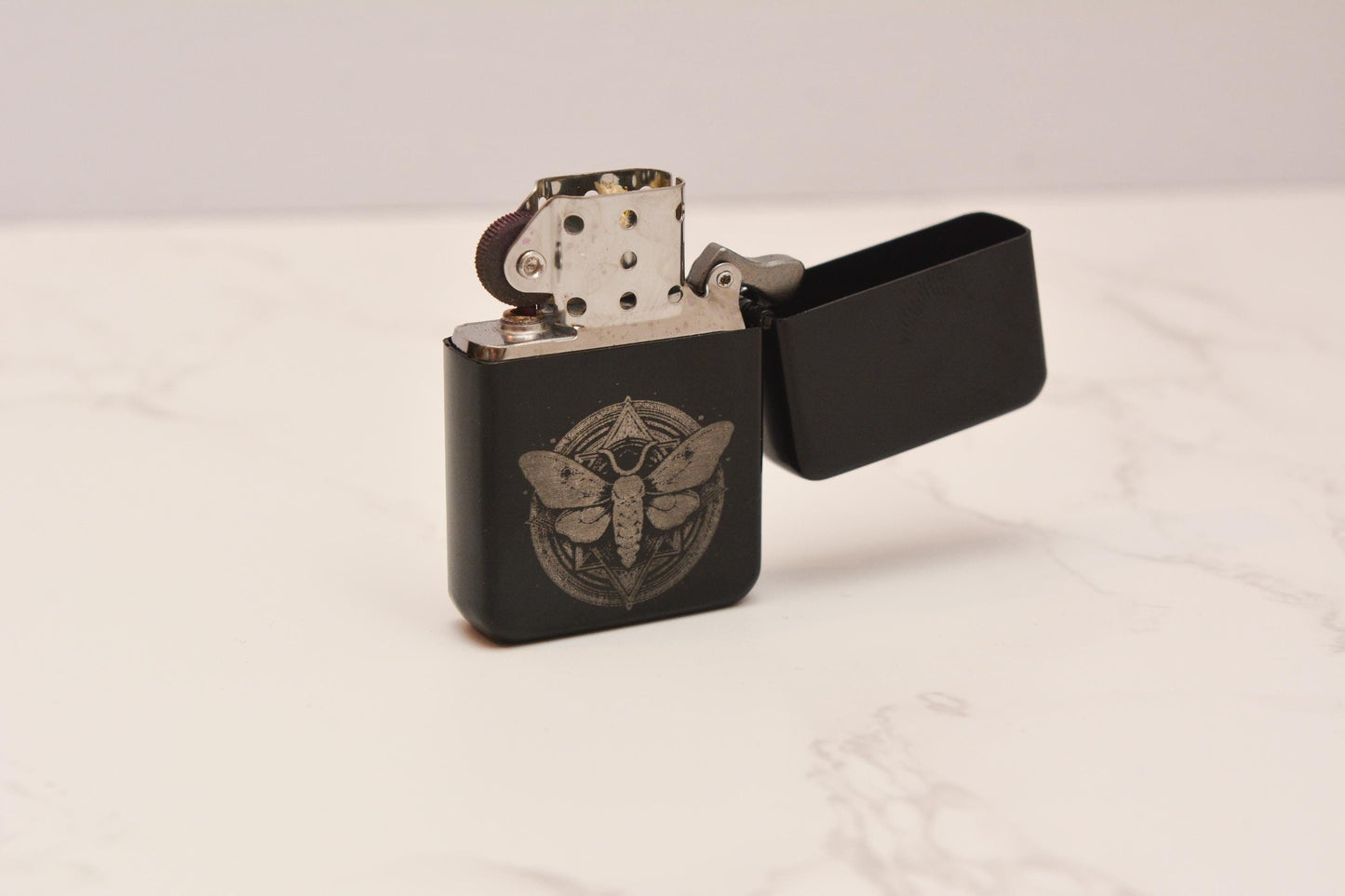 Mystical Moth Stainless Steel Lighter – Engraved Gothic Insect Design, Witchy Refillable Black Matte Lighter, Whimsical Decor Gift