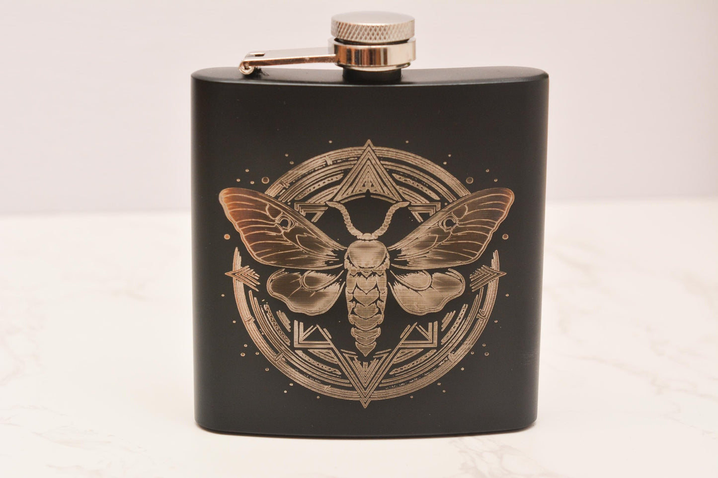 Mystical Moth Engraved Stainless Steel Hip Flask Gothic Insect Design, Witchy Gift, Refillable Black Flask Whimsical Decor & Fantasy Style