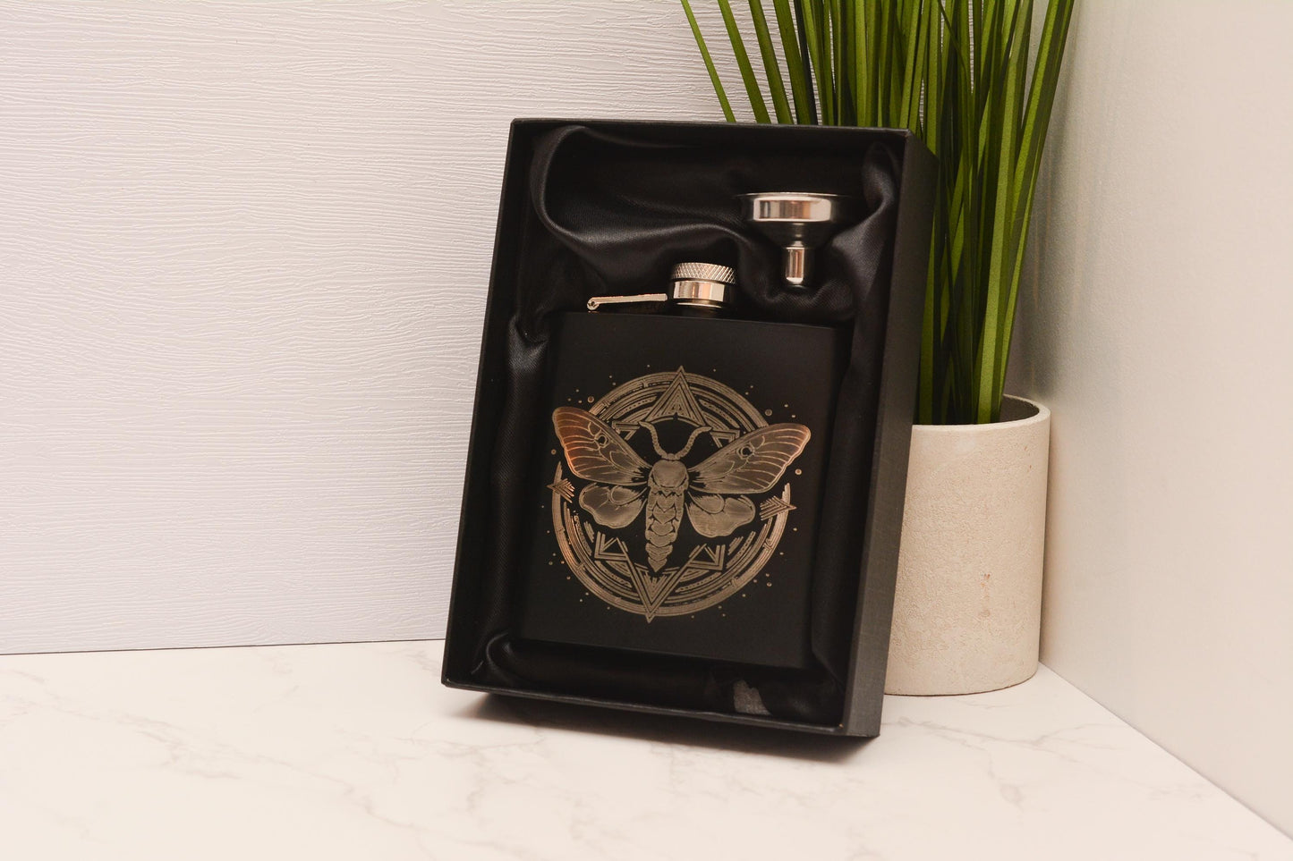 Mystical Moth Engraved Stainless Steel Hip Flask Gothic Insect Design, Witchy Gift, Refillable Black Flask Whimsical Decor & Fantasy Style