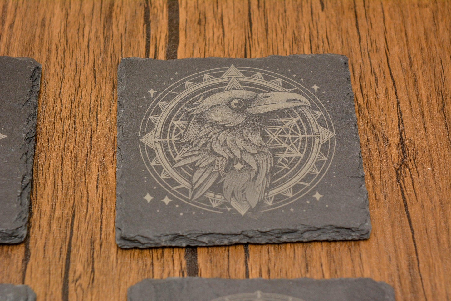 Mystical Raven Slate Coaster with Intricate Design, Witchy Natural Stone Drink Coaster in Circular or Square, Gothic, Occult, Pagan Decor