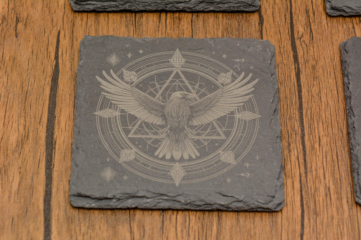 Mystical Raven Slate Coaster with Intricate Design, Witchy Natural Stone Drink Coaster in Circular or Square, Gothic, Occult, Pagan Decor