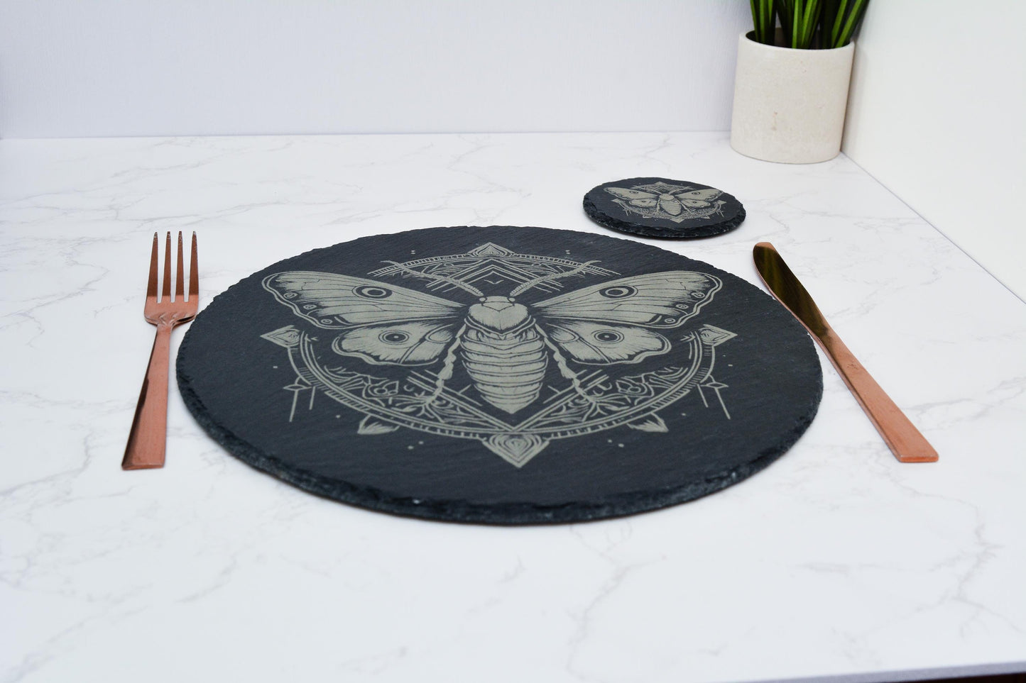 Slate dinning set of 4 with Intricate Moth Design, Witchy Natural Stone placemat in Circular or Square, Gothic, Occult, Pagan Decor