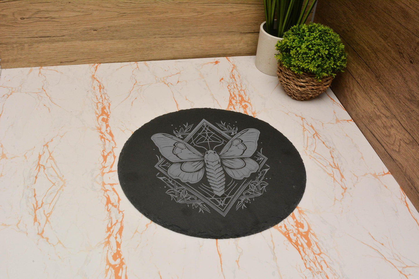 Slate dinning set of 4 with Intricate Moth Design, Witchy Natural Stone placemat in Circular or Square, Gothic, Occult, Pagan Decor