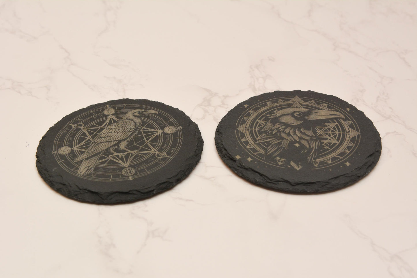 Mystical Raven Slate Coaster with Intricate Design, Witchy Natural Stone Drink Coaster in Circular or Square, Gothic, Occult, Pagan Decor