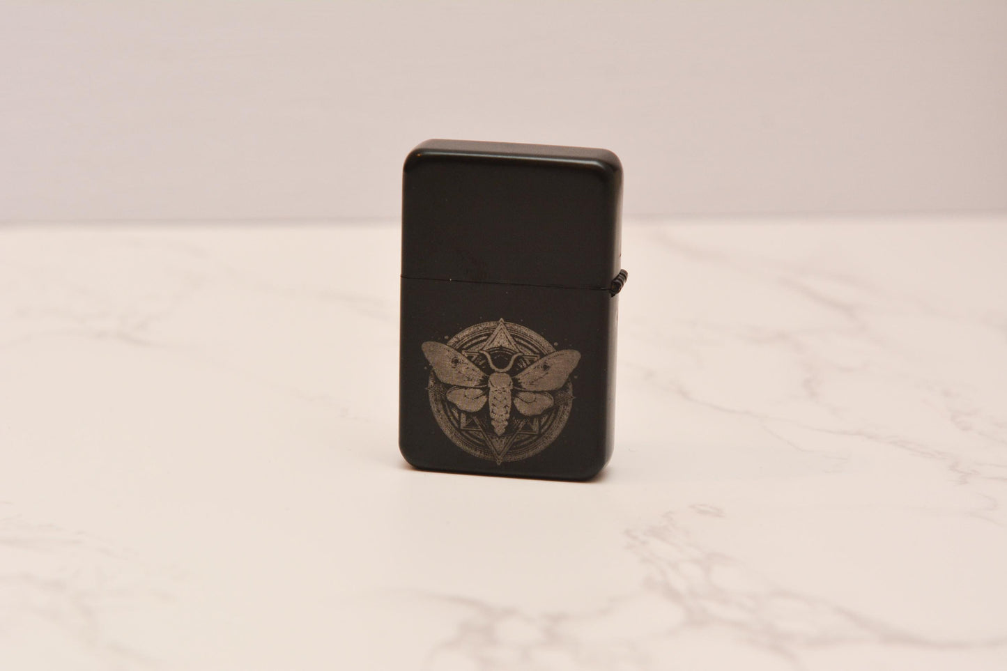 Mystical Moth Stainless Steel Lighter – Engraved Gothic Insect Design, Witchy Refillable Black Matte Lighter, Whimsical Decor Gift