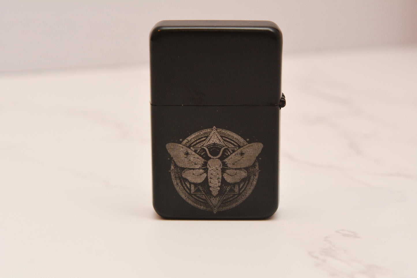 Mystical Moth Stainless Steel Lighter – Engraved Gothic Insect Design, Witchy Refillable Black Matte Lighter, Whimsical Decor Gift