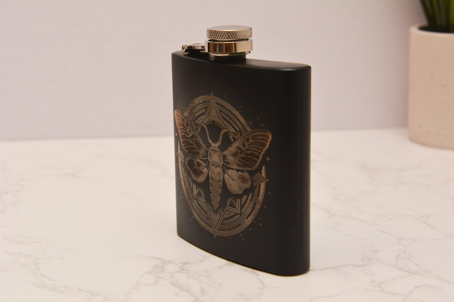 Mystical Moth Engraved Stainless Steel Hip Flask Gothic Insect Design, Witchy Gift, Refillable Black Flask Whimsical Decor & Fantasy Style