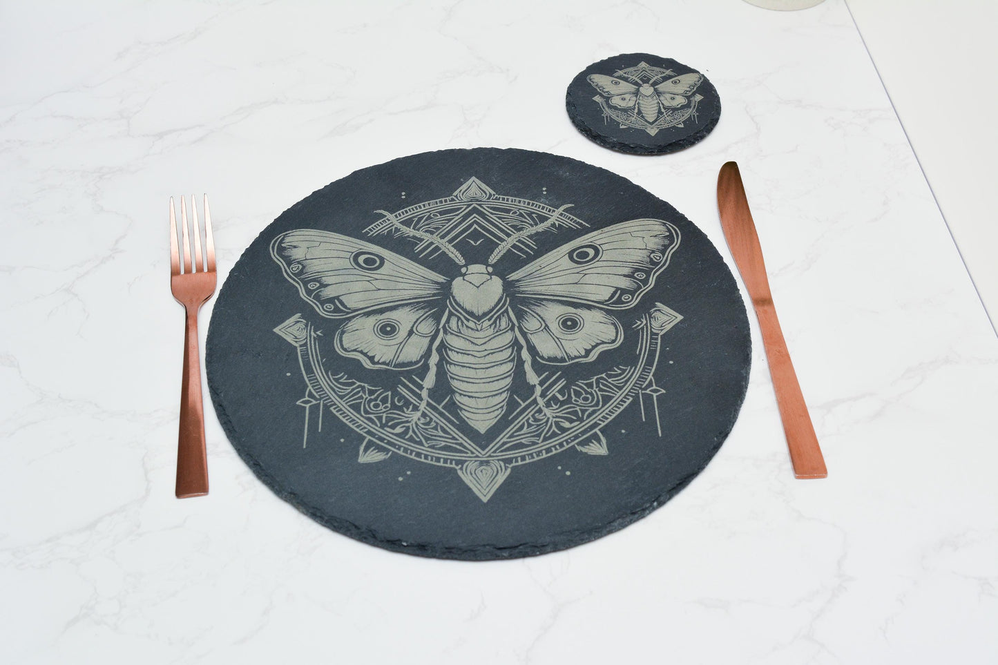 Slate dinning set of 4 with Intricate Moth Design, Witchy Natural Stone placemat in Circular or Square, Gothic, Occult, Pagan Decor