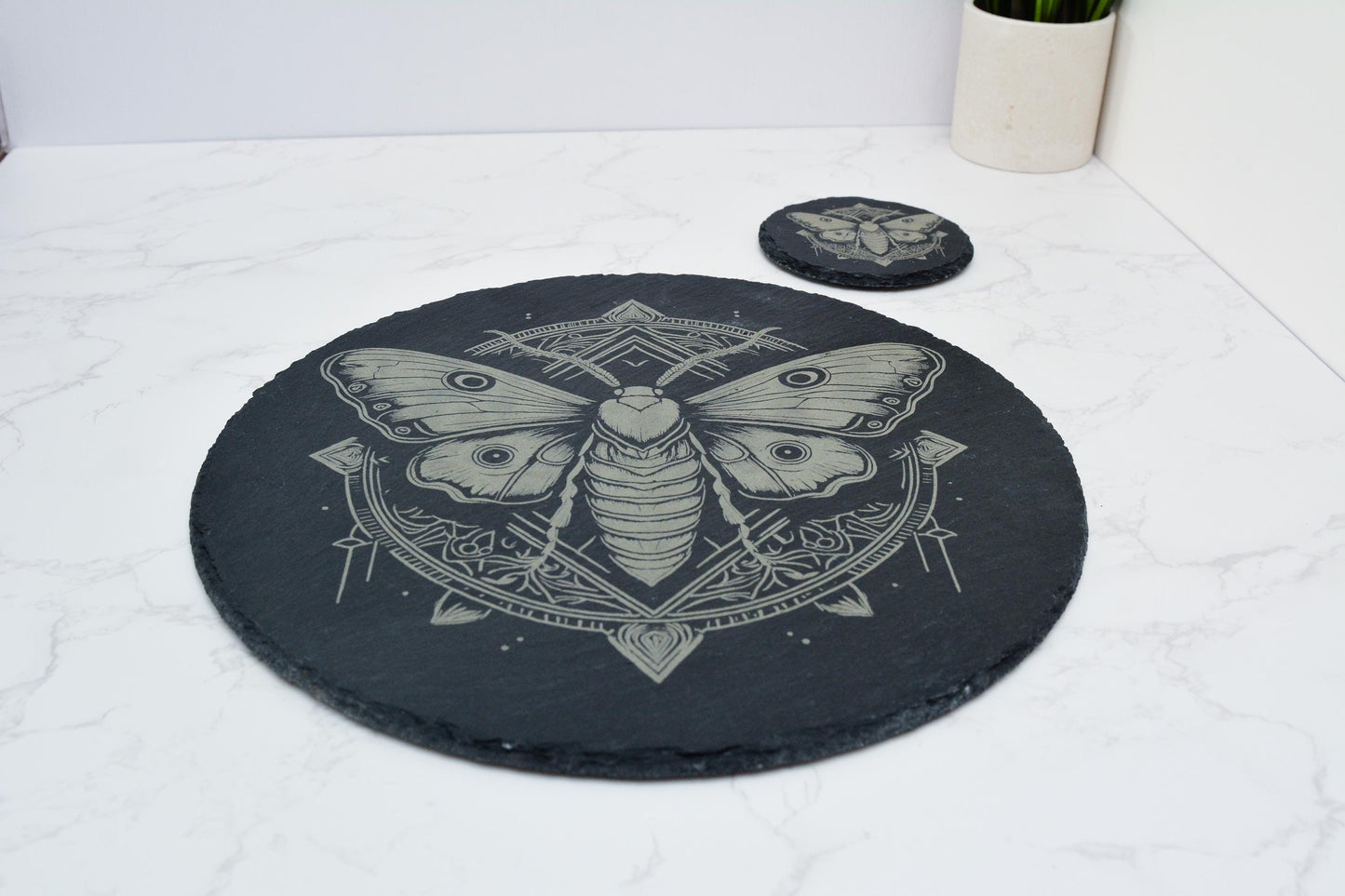 Slate dinning set of 4 with Intricate Moth Design, Witchy Natural Stone placemat in Circular or Square, Gothic, Occult, Pagan Decor