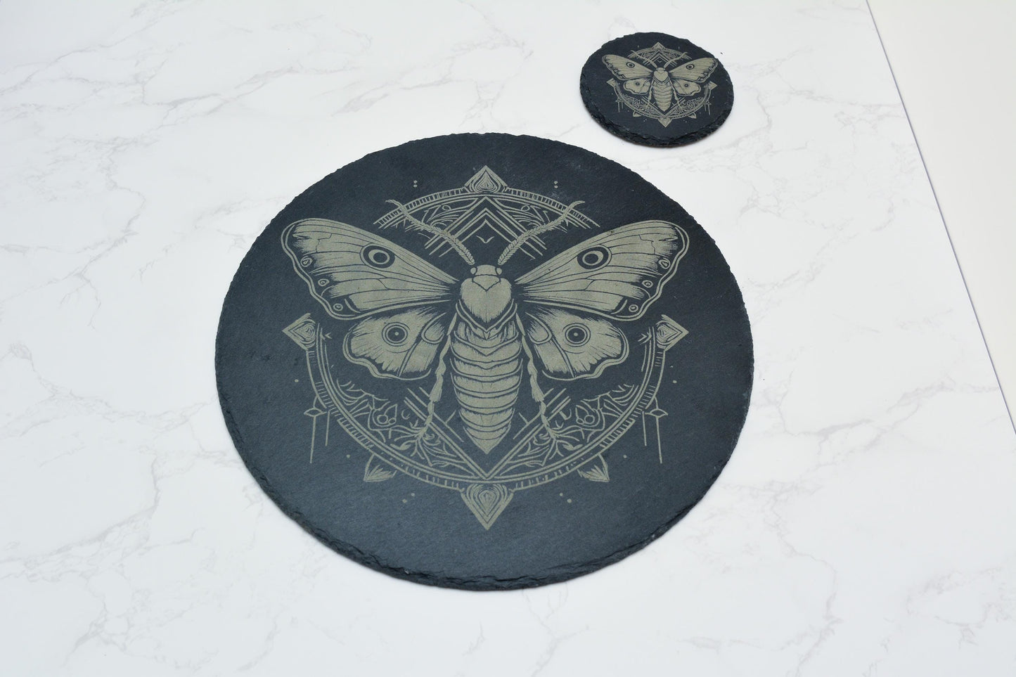 Slate dinning set of 4 with Intricate Moth Design, Witchy Natural Stone placemat in Circular or Square, Gothic, Occult, Pagan Decor