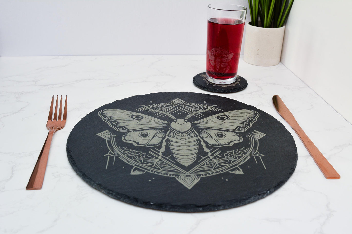Slate dinning set of 4 with Intricate Moth Design, Witchy Natural Stone placemat in Circular or Square, Gothic, Occult, Pagan Decor
