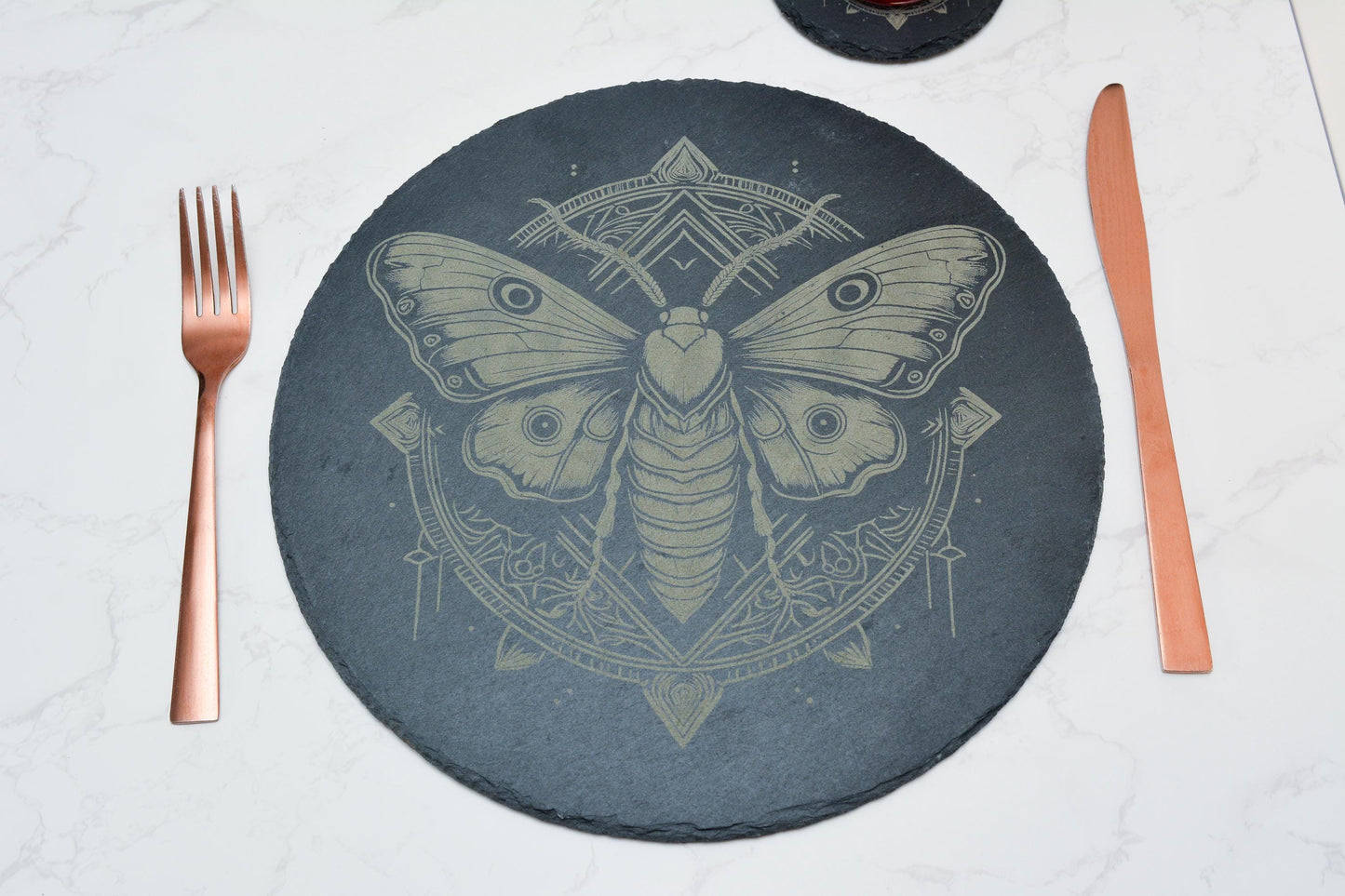 Slate dinning set of 4 with Intricate Moth Design, Witchy Natural Stone placemat in Circular or Square, Gothic, Occult, Pagan Decor