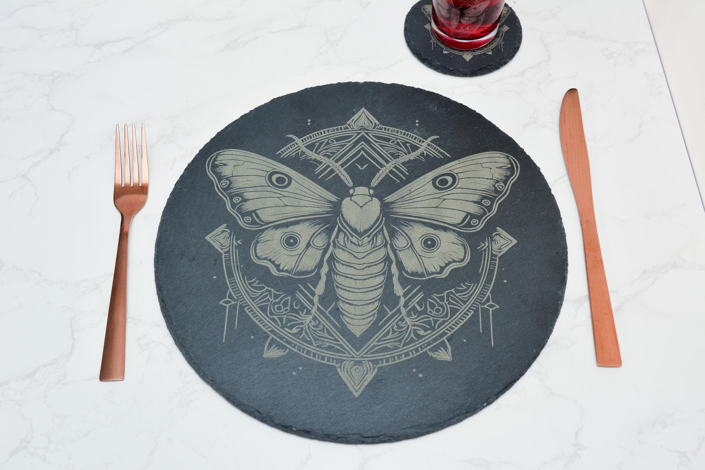 Slate dinning set of 4 with Intricate Moth Design, Witchy Natural Stone placemat in Circular or Square, Gothic, Occult, Pagan Decor