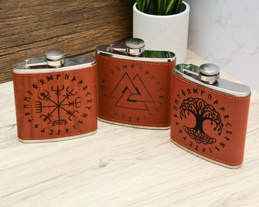 Engraved Viking Hip Flask – 6oz Norse Symbol Pocket Flask – Gift for Him or Her