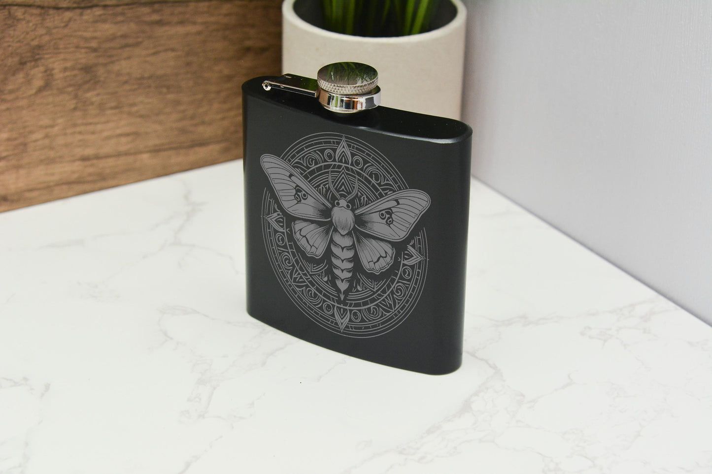 Mystical Moth Engraved Stainless Steel Hip Flask Gothic Insect Design, Witchy Gift, Refillable Black Flask Whimsical Decor & Fantasy Style