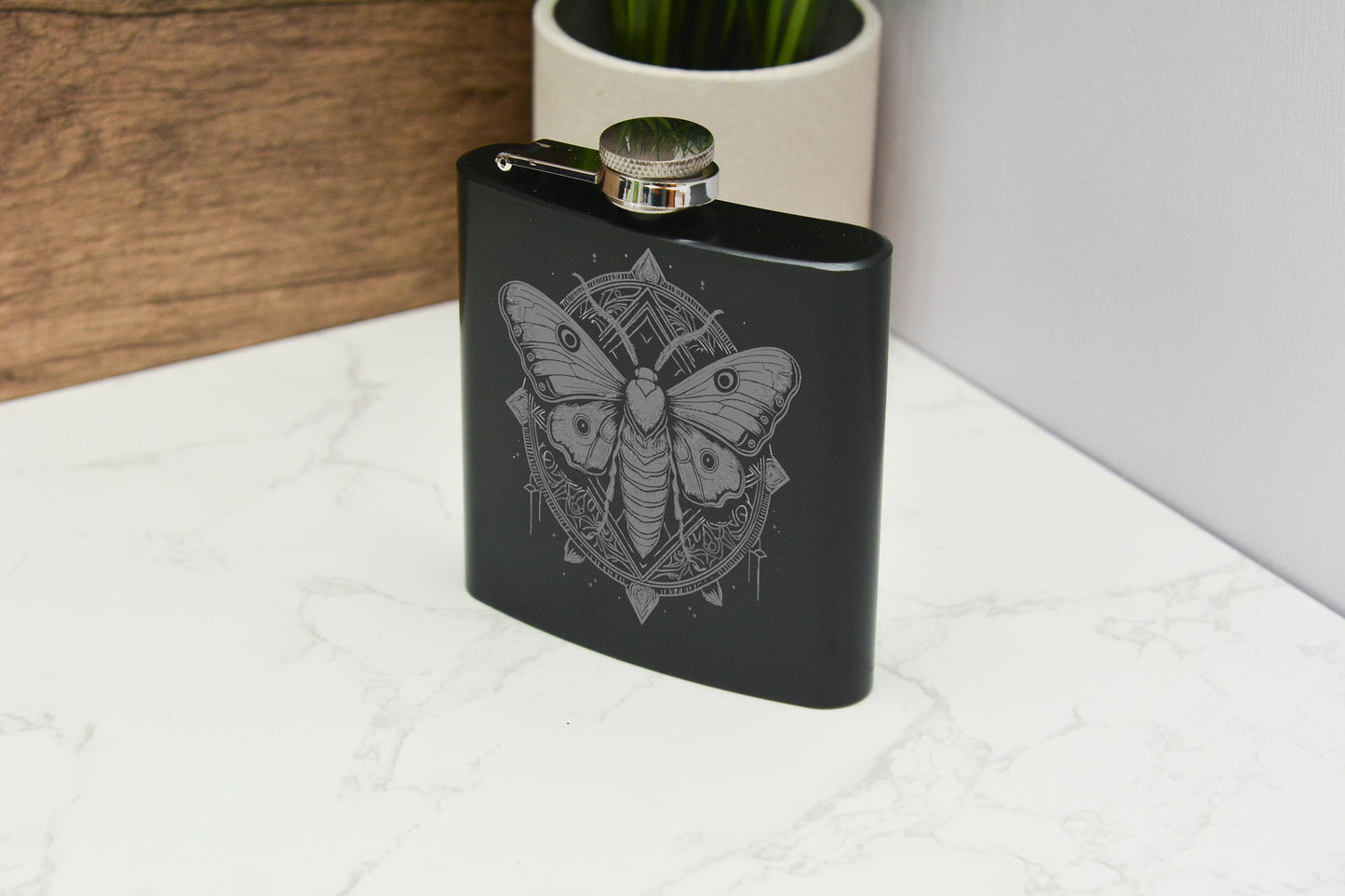 Mystical Moth Engraved Stainless Steel Hip Flask Gothic Insect Design, Witchy Gift, Refillable Black Flask Whimsical Decor & Fantasy Style