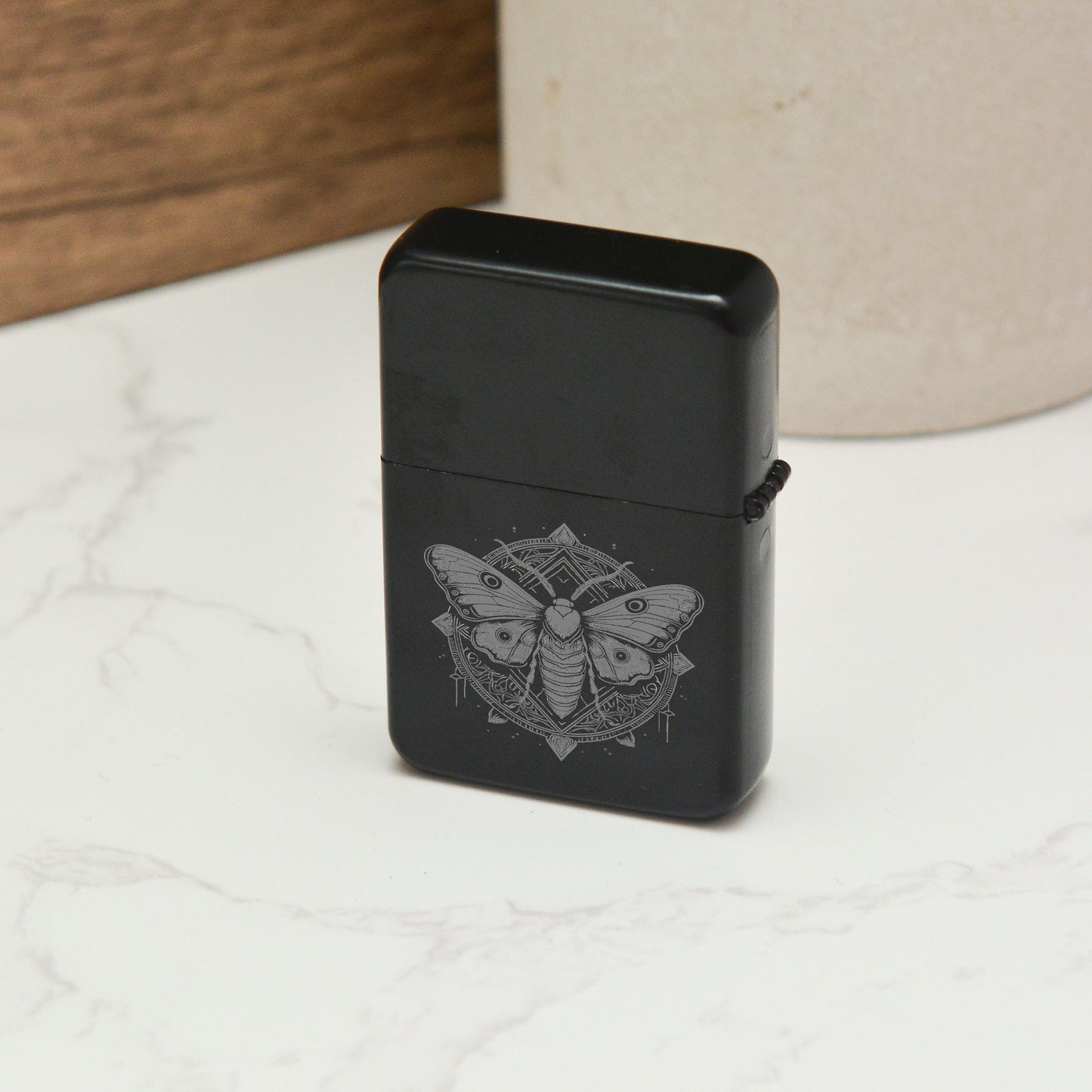 Mystical Moth Stainless Steel Lighter – Engraved Gothic Insect Design, Witchy Refillable Black Matte Lighter, Whimsical Decor Gift