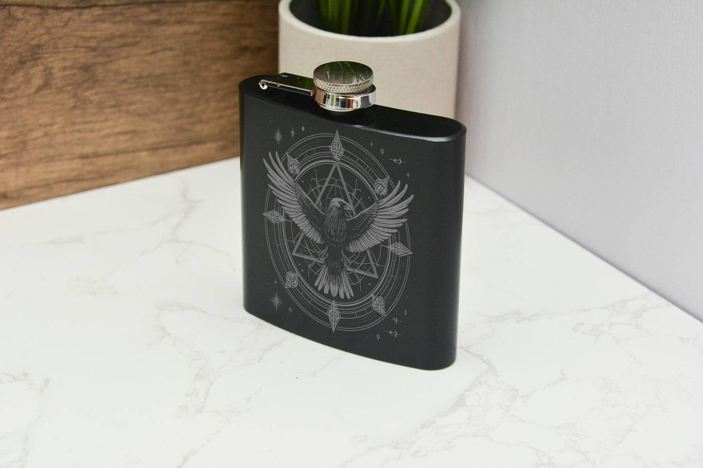 Norse Raven Engraved Stainless Steel Hip Flask Gothic Crow Design, Witchy Gift, Refillable Black Flask Whimsical Decor & Fantasy Style