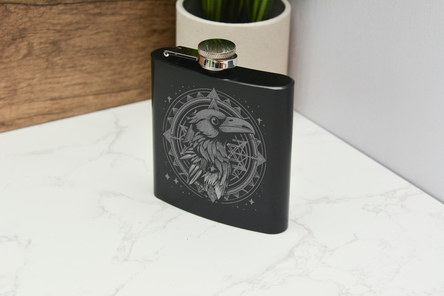 Norse Raven Engraved Stainless Steel Hip Flask Gothic Crow Design, Witchy Gift, Refillable Black Flask Whimsical Decor & Fantasy Style