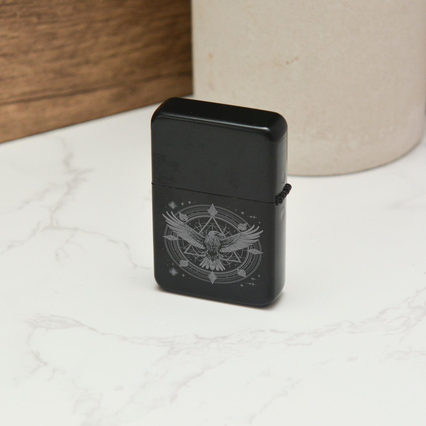 Norse Raven Engraved Stainless Steel Lighter – Gothic Bird Design, Witchy Gift, Refillable Black Matte Lighter for Whimsical Decor