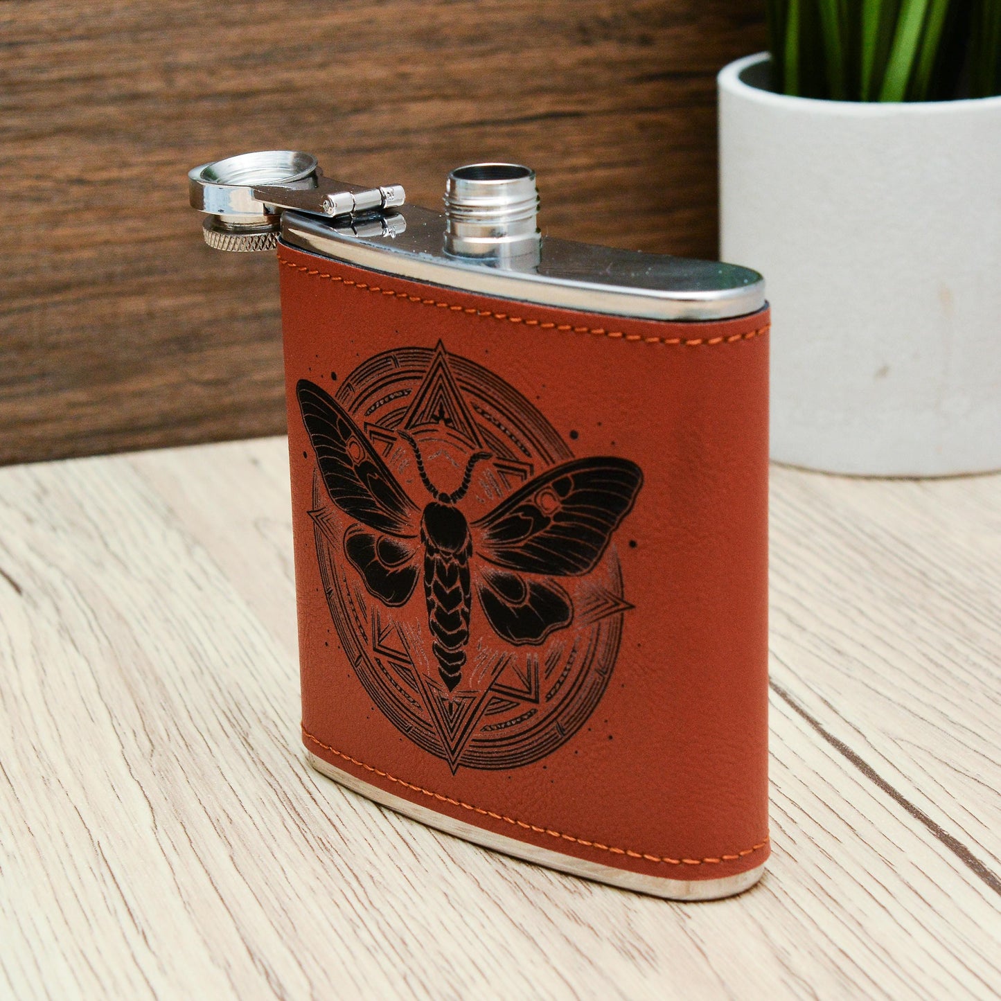 Whimsical Moth Hip Flask – 6oz Brown PU Leather Gothic Gift for Witchy Souls & Moth Lovers