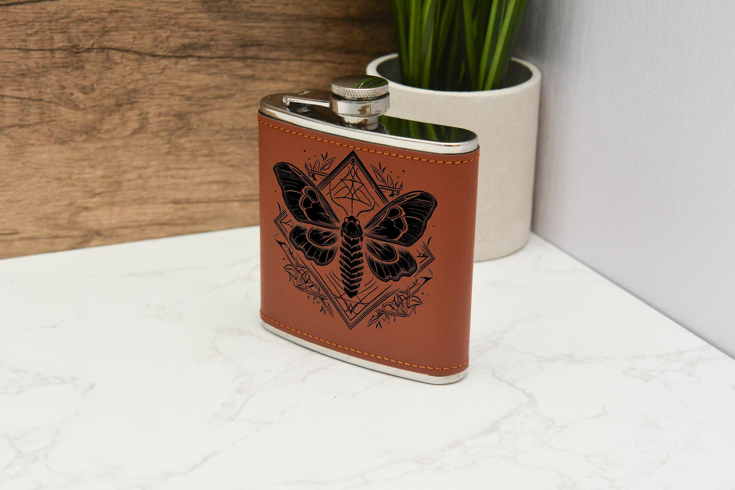 Whimsical Moth Hip Flask – 6oz Brown PU Leather Gothic Gift for Witchy Souls & Moth Lovers