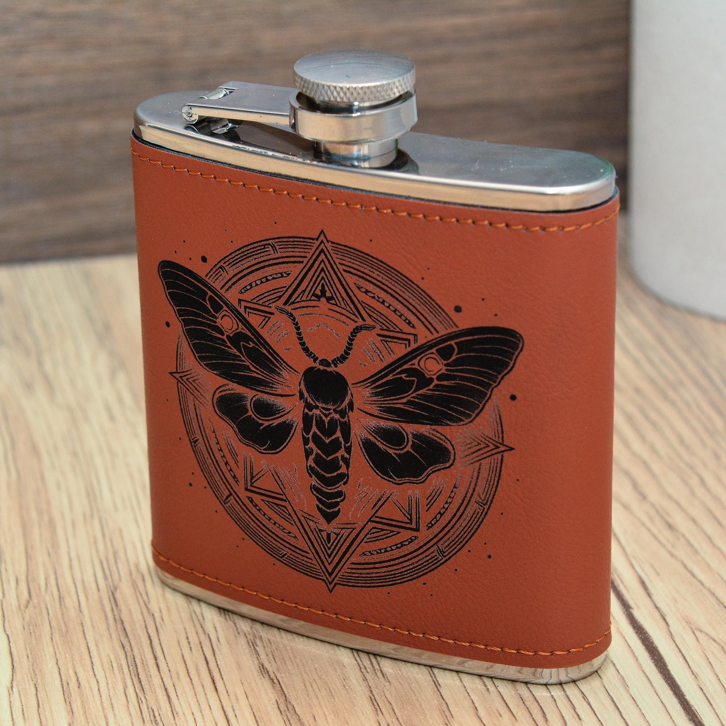 Whimsical Moth Hip Flask – 6oz Brown PU Leather Gothic Gift for Witchy Souls & Moth Lovers