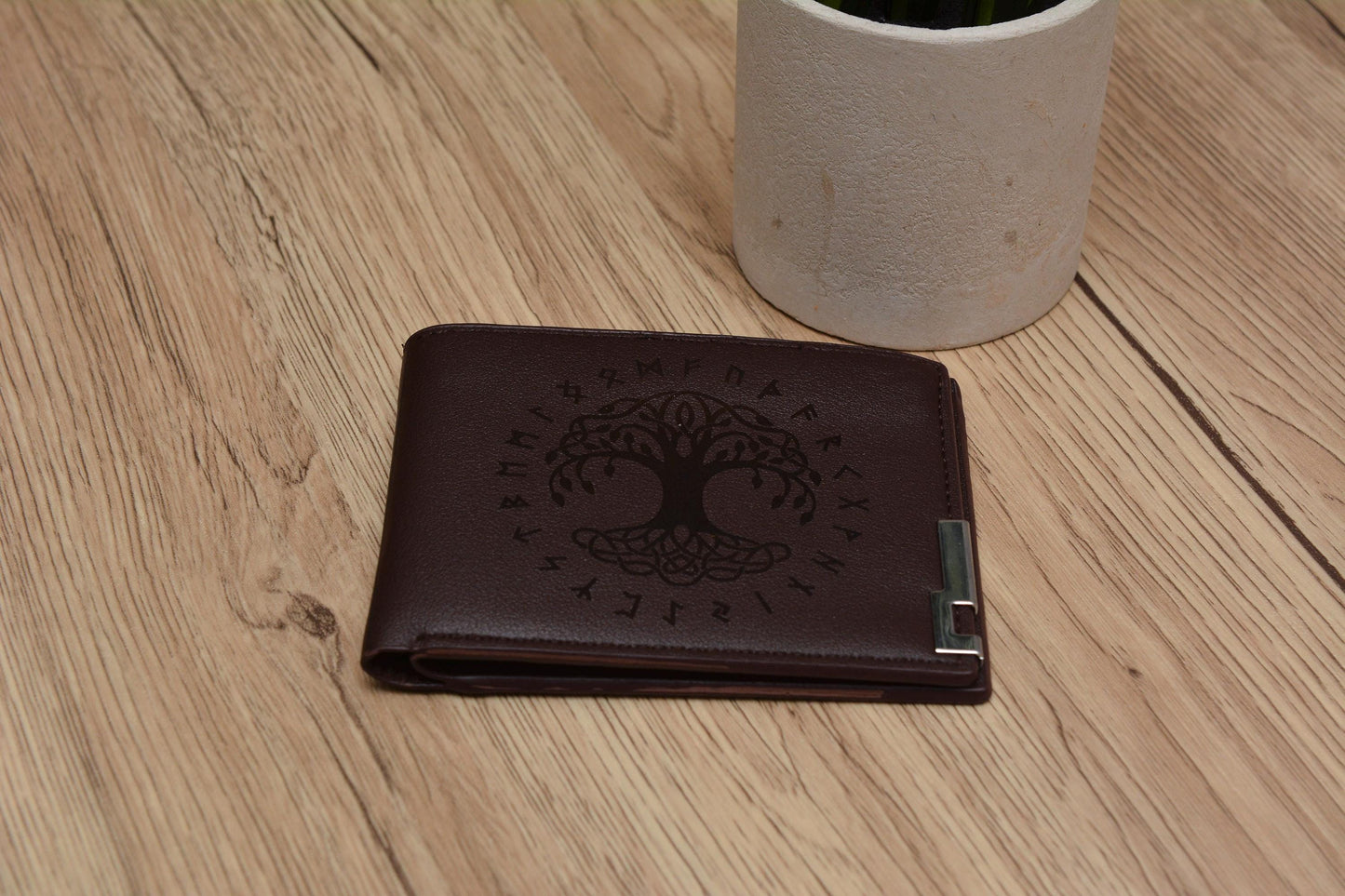 Norse Viking Wallet PU Leather, Personalised Laser Engraved Tree of Life Design, Norse Mythology Gift. Vegan Friendly. Norse Inspired.