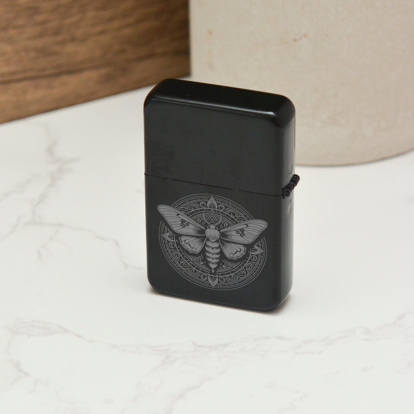 Mystical Moth Stainless Steel Lighter – Engraved Gothic Insect Design, Witchy Refillable Black Matte Lighter, Whimsical Decor Gift