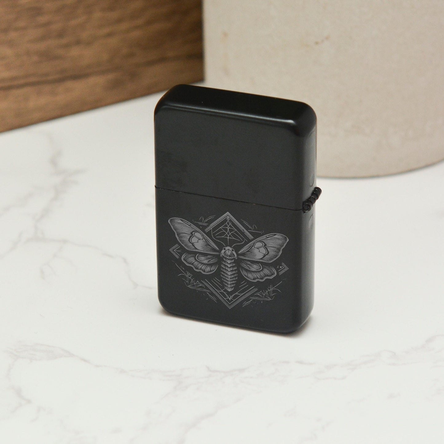 Mystical Moth Stainless Steel Lighter – Engraved Gothic Insect Design, Witchy Refillable Black Matte Lighter, Whimsical Decor Gift