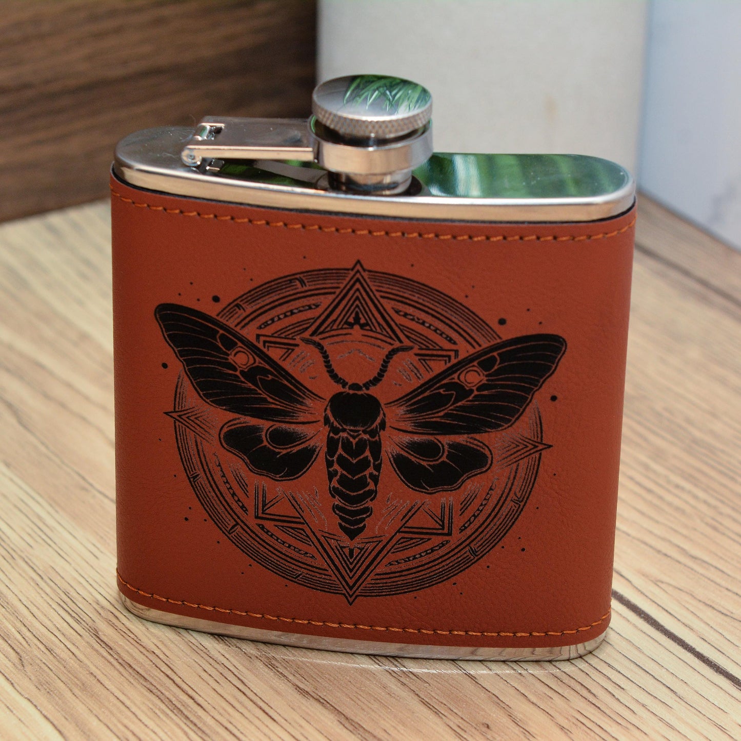 Whimsical Moth Hip Flask – 6oz Brown PU Leather Gothic Gift for Witchy Souls & Moth Lovers