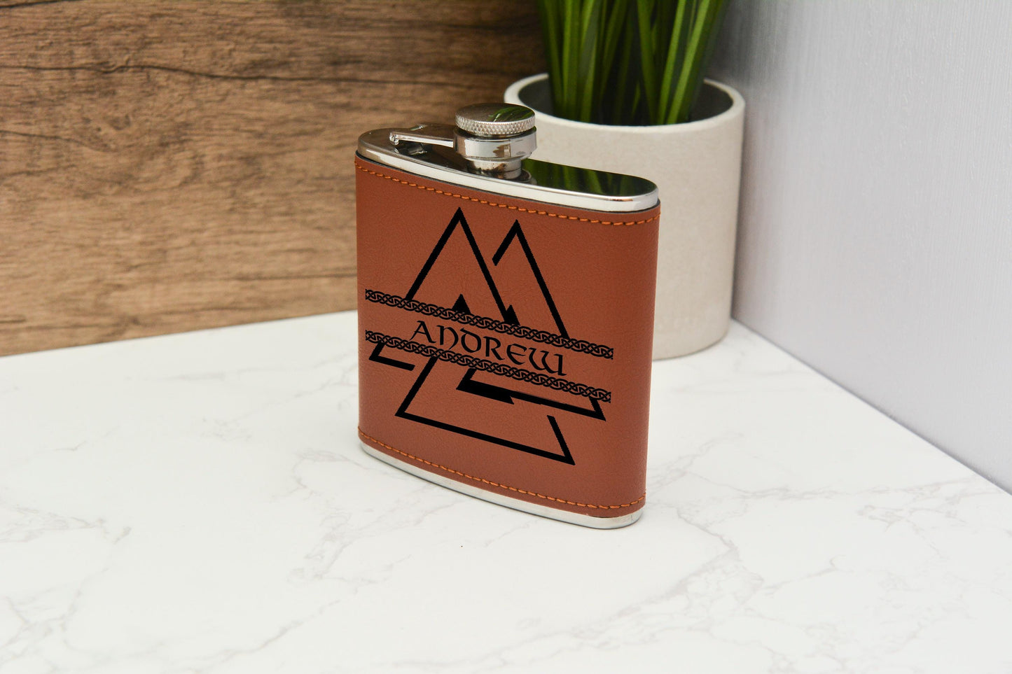 Personalised Viking hipflask PU Leather, Norse 6 oz drinking flask. vegan leather pagan symbols. Custom Engraved Gift for Him. Groomsman